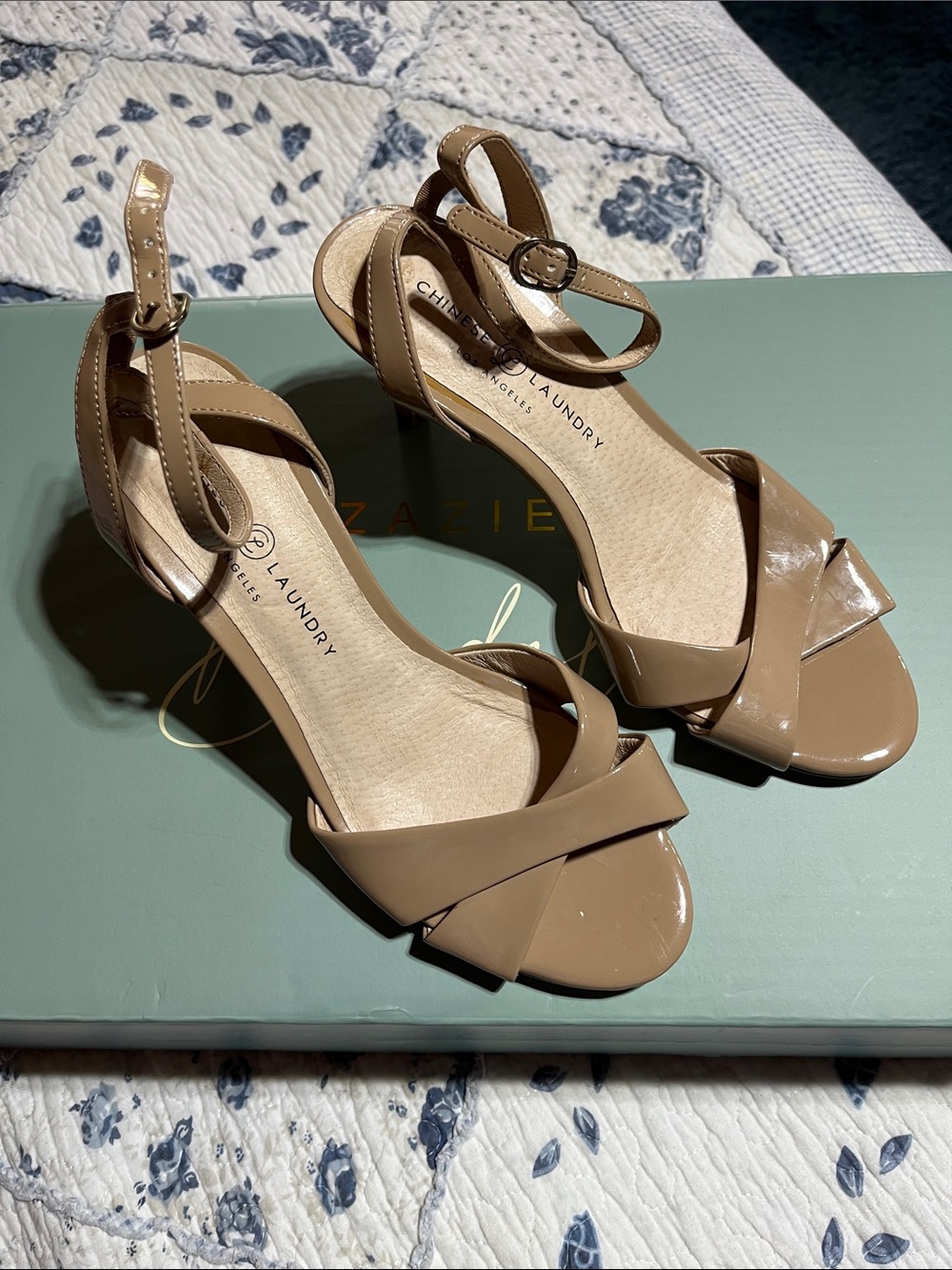 Chinese Laundry Taupe Patent Low Block Heel Sandals